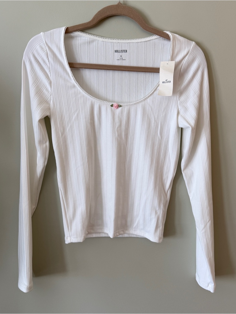 TALL/LONG Pointelle Lace Trim Scoop Neck Long Sleeve Top with Pink Rose